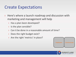 Create Expectations
› Here’s where a launch roadmap and discussion with
marketing and management will help
› Has a plan been developed?
› Is the plan sensible?
› Can it be done in a reasonable amount of time?
› Does the right budget exist?
› Are the right ‘metrics’ in place?
CommunicateImplement
 
