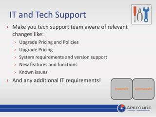 IT and Tech Support
› Make you tech support team aware of relevant
changes like:
› Upgrade Pricing and Policies
› Upgrade Pricing
› System requirements and version support
› New features and functions
› Known issues
› And any additional IT requirements!
CommunicateImplement
 