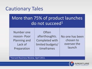 Cautionary Tales
More than 75% of product launches
do not succeed1
Number one
reason- Poor
Planning and
Lack of
Preparation
Often
afterthoughts.
Completed with
limited budgets/
timeframes
No one has been
chosen to
oversee the
launch
1Harvard Business Review. April 2011.
 
