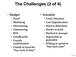 The Challenges (2 of 4)
• Budget

• Schedule

• Fixed

• Crisis Situation

• Shrinking

• Lost Opportunities

• Downsizing

• Hard to determine

• Outsourcing

• Harder to track

• ROI

• Hardest to manage

• Cost/Benefit

• Impossible to

• Usually

guarantee
• Willing to spend to
“buy back time”

underfunded
• Unable to fund the
“buy back of time”

Slide 16

 