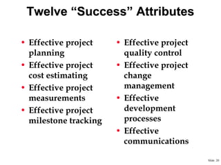 Twelve “Success” Attributes
• Effective project
planning
• Effective project
cost estimating
• Effective project
measurements
• Effective project
milestone tracking

• Effective project
quality control
• Effective project
change
management
• Effective
development
processes
• Effective
communications
Slide 20

 
