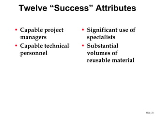 Twelve “Success” Attributes
• Capable project
managers
• Capable technical
personnel

• Significant use of
specialists
• Substantial
volumes of
reusable material

Slide 21

 