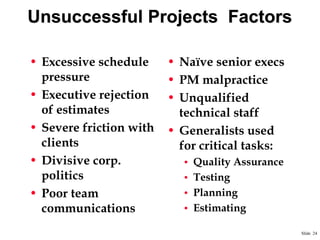 Unsuccessful Projects Factors
• Excessive schedule
pressure
• Executive rejection
of estimates
• Severe friction with
clients
• Divisive corp.
politics
• Poor team
communications

• Naïve senior execs
• PM malpractice
• Unqualified
technical staff
• Generalists used
for critical tasks:
• Quality Assurance
• Testing
• Planning
• Estimating
Slide 24

 