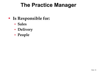 The Practice Manager
• Is Responsible for:
• Sales
• Delivery
• People

Slide 28

 