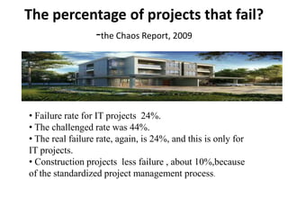 The percentage of projects that fail?
-the Chaos Report, 2009
-
• Failure rate for IT projects 24%.
• The challenged rate was 44%.
• The real failure rate, again, is 24%, and this is only for
IT projects.
• Construction projects less failure , about 10%,because
of the standardized project management process.
 
