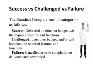 Success vs Challenged vs Failure
The Standish Group defines its categories
as follows:
Success: Delivered on time, on budget, with
the required features and functions
Challenged: Late, over budget, and/or with
less than the required features and
functions
Failure: Cancelled prior to completion or
delivered and never used
 