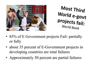 • 85% of E Government projects Fail- partially
or fully
• about 35 percent of E-Government projects in
developing countries are total failures
• Approximately 50 percent are partial failures
 