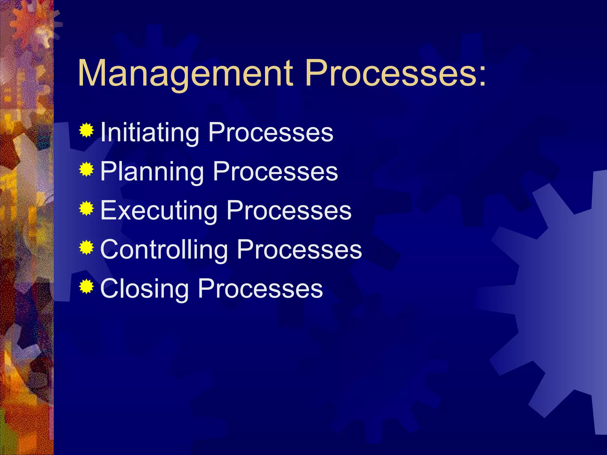 Management Processes: Initiating Processes Planning Processes Executing Processes Controlling Processes Closing Processes   