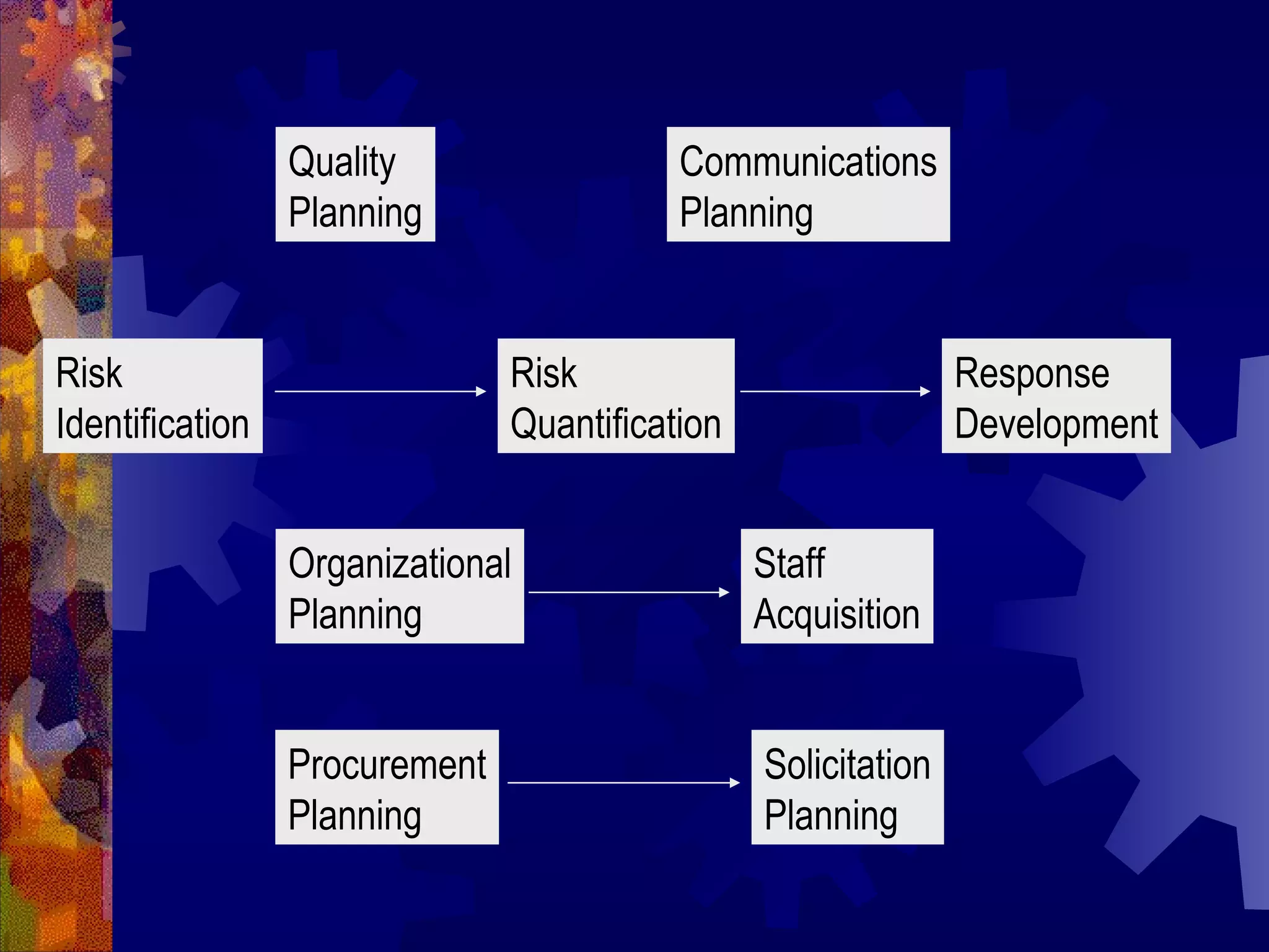 Quality Planning Communications Planning Risk Identification Risk Quantification Response Development Organizational Planning Staff Acquisition Procurement Planning Solicitation Planning 