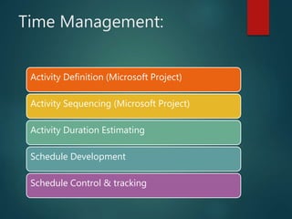 Time Management:
Activity Definition (Microsoft Project)
Activity Sequencing (Microsoft Project)
Activity Duration Estimating
Schedule Development
Schedule Control & tracking
 