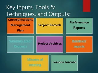 Key Inputs, Tools &
Techniques, and Outputs:
Communications
Management
Plan
Project Records
Performance
Reports
Variation order
Requests
Project Archives
Handover
reports
Minutes of
meeting
Lessons Learned
 