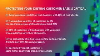 PROTECTING YOUR EXISTING CUSTOMER BASE IS CRITICAL
(1) Most companies do 80% of their business with 20% of their clients.
...