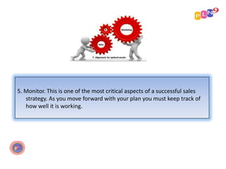 5. Monitor. This is one of the most critical aspects of a successful sales
strategy. As you move forward with your plan you must keep track of
how well it is working.

 