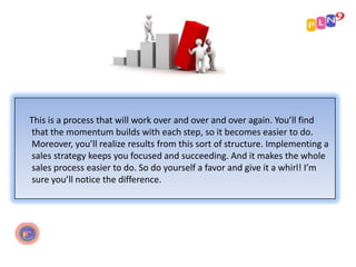 This is a process that will work over and over and over again. You’ll find
that the momentum builds with each step, so it becomes easier to do.
Moreover, you’ll realize results from this sort of structure. Implementing a
sales strategy keeps you focused and succeeding. And it makes the whole
sales process easier to do. So do yourself a favor and give it a whirl! I’m
sure you’ll notice the difference.

 