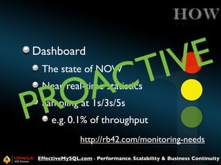 HOW
Dashboard

E
V
I
T

C
A
O
R
P
The state of NOW

Near real-time statistics
Sampling at 1s/3s/5s

e.g. 0.1% of throughput
http://rb42.com/monitoring-needs

EffectiveMySQL.com - Performance, Scalability & Business Continuity

 