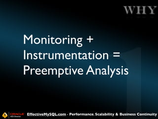 Why

Monitoring +
Instrumentation =
Preemptive Analysis

EffectiveMySQL.com - Performance, Scalability & Business Continuity

 
