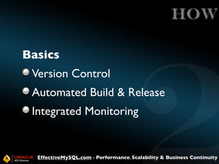 HOW
Basics
Version Control
Automated Build & Release
Integrated Monitoring

EffectiveMySQL.com - Performance, Scalability ...