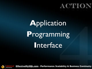 ACTION

Application
Programming
Interface
EffectiveMySQL.com - Performance, Scalability & Business Continuity

 