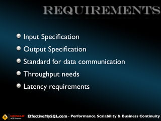 REQUIREMENTS
Input Speciﬁcation
Output Speciﬁcation
Standard for data communication
Throughput needs
Latency requirements

EffectiveMySQL.com - Performance, Scalability & Business Continuity

 