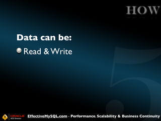 HOW
Data can be:
Read & Write

EffectiveMySQL.com - Performance, Scalability & Business Continuity

 