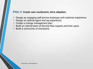 Prepared By: Laiba Muddassar
Pillar 3: Create user excitement, drive adoption
✓ Design an engaging self-service employee and customer experience
✓ Design an optimal agent and rep experience
✓ Create a change management plan
✓ Build an internal team of Service Now experts and train users
✓ Build a community of champions
 