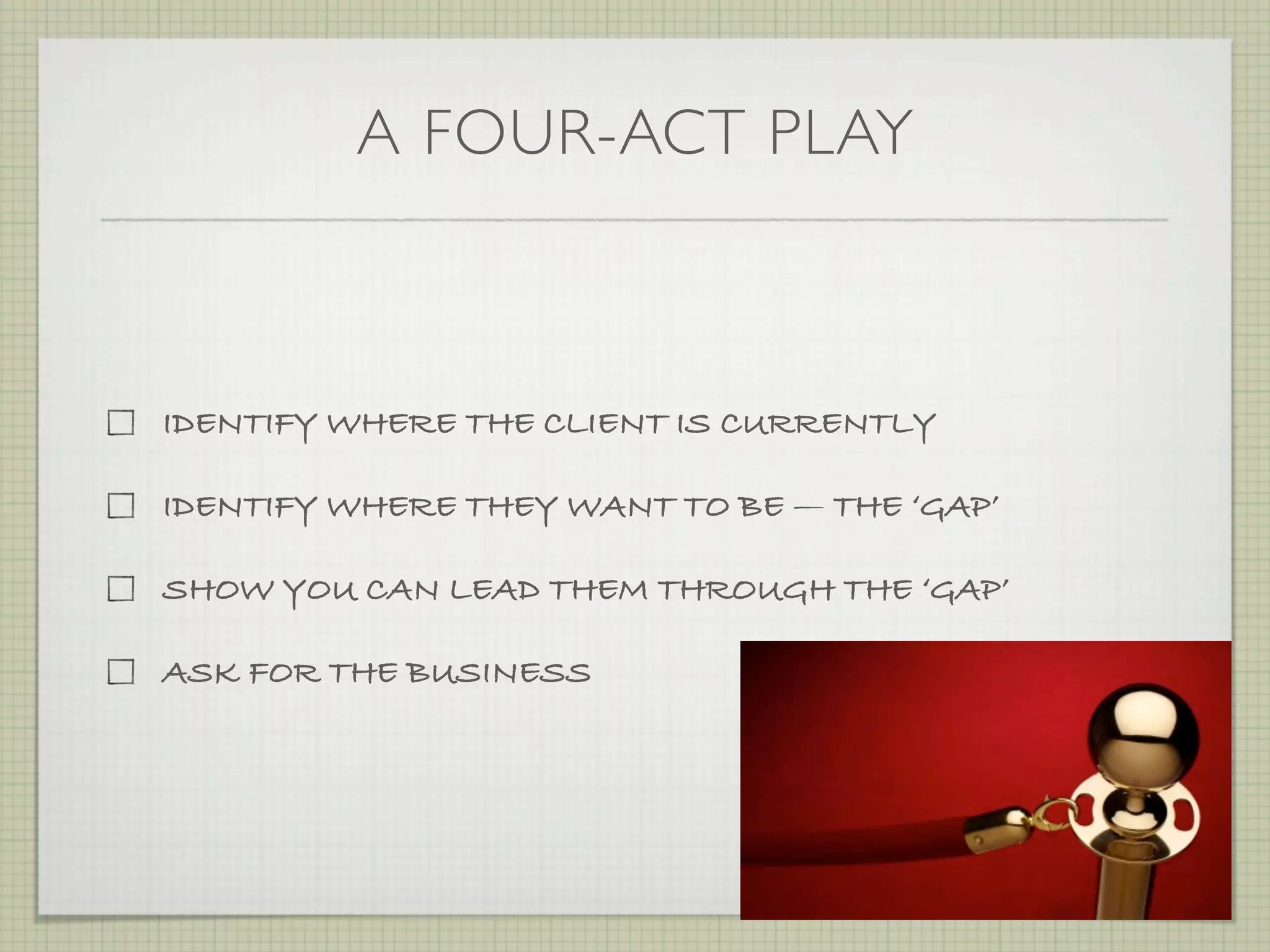 A FOUR-ACT PLAY



IDENTIFY WHERE THE CLIENT IS CURRENTLY

IDENTIFY WHERE THEY WANT TO BE — THE ‘GAP’

SHOW YOU CAN LEAD THEM THROUGH THE ‘GAP’

ASK FOR THE BUSINESS
 