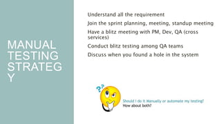 MANUAL
TESTING
STRATEG
Y
Understand all the requirement
Join the sprint planning, meeting, standup meeting
Have a blitz me...