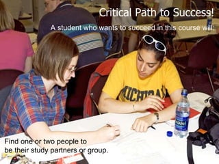 Critical Path to Success! A student who wants to succeed in this course will: Find one or two people to be their study partners or group. 