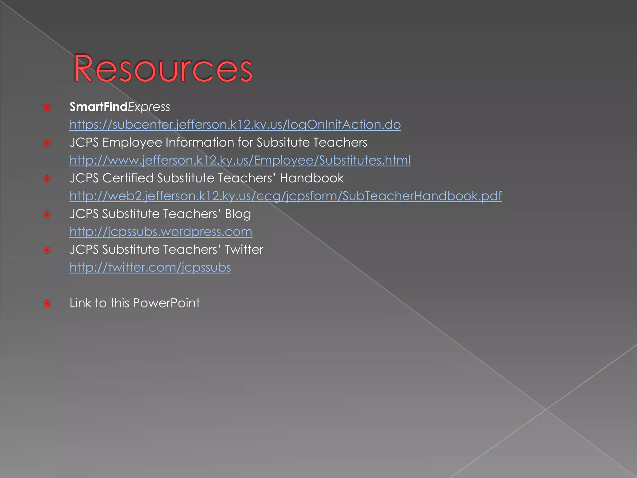 Stay connected with JCPS.Follow us on Twitter for updates to the JCPS Substitute Teachers’ Blog as well as general updates. http://twitter.com/jcpssubs