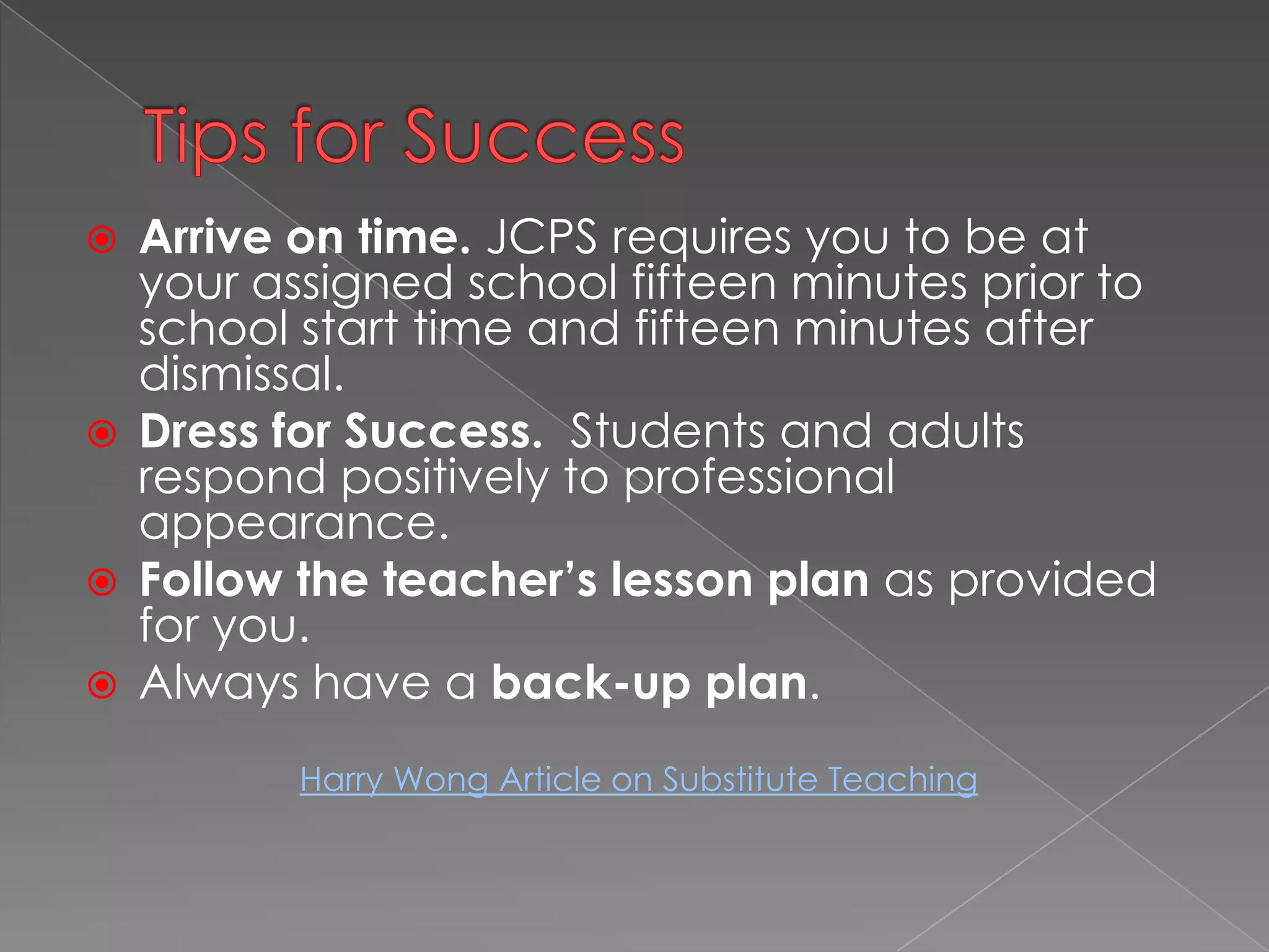          Learning Target for this Training SessionAt the conclusion of this session, participants will be able to identify tips for successful substitute teaching and use existing and newly created resources available to substitute teachers in the district.JCPS Substitute Teachers’ Blog