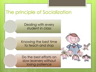 The principle of Socialization
Dealing with every
student in class

Knowing the best time
to teach and stop
Do the best efforts on
slow learners without
losing patience

 