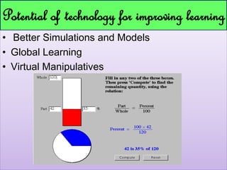 Potential of technology for improving learning 
• Better Simulations and Models 
• Global Learning 
• Virtual Manipulatives 

