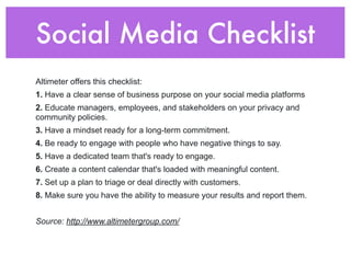Social Media Checklist 
Altimeter offers this checklist: 
1. Have a clear sense of business purpose on your social media platforms 
2. Educate managers, employees, and stakeholders on your privacy and 
community policies. 
3. Have a mindset ready for a long-term commitment. 
4. Be ready to engage with people who have negative things to say. 
5. Have a dedicated team that's ready to engage. 
6. Create a content calendar that's loaded with meaningful content. 
7. Set up a plan to triage or deal directly with customers. 
8. Make sure you have the ability to measure your results and report them. 
! 
Source: http://www.altimetergroup.com/ 
 