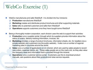 WebCo Exercise (1)
   WebCo manufactures and sells WebStuff. It is divided into four divisions:
     Production manufactures WebStuff
     Marketing creates and distributes product brochures and other supporting materials
     Sales talks to potential customers and sells them WebStuff
     Operations supports customers once they have bought some WebStuff

   Being a thoroughly modern corporation, each division uses the web to support their activities:
     Production runs a supplier portal, through which its suppliers provide information about the
        status of orders, delivery tracking information, invoices, etc
     Marketing provides a range of product brochures, information sheets, etc, for resellers (via a
        private website) and customers (via the public website). It also runs a number of regional
        marketing sites in countries around the world.
     Sales runs a number of applications on on intranet, which are used by sales people to record
        new orders, expense claims, etc. These sales people are on the road a lot, so they also value
        the company news and information that is provided through the intranet.
     Operations runs a customer service portal. Customers use this to download product
        manuals, ask questions about their products and raise service requests.




Preparing the Business Case                      6
 
