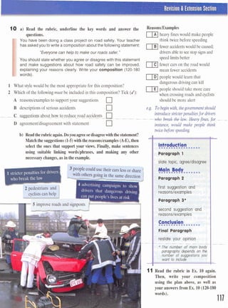 .+'h b . f
'
:I :.." ' " ' Q ' ~ W R e v i ~ i ~ n& Extension Section
10 a) Read the rubric, underline the key words and answer the
questions.
You have been doing a class project on road safety. Your teacher
hasaskedyou to write a compositionabout the following statement:
I
"Everyonecan help to make our roads safer."
You should state whether you agree or disagree with this statement
and make suggestions about how road safety can be improved,
explaining your reasons clearly. Write your composition (120-180
words).
1 What stylewould be the most appropriate for this composition?
2 Which of the followingmust be included in this composition? Tick (J):
A reasons/examplesto support your suggestions
B descriptionsof serious accidents
huggestions about how to reduce road accidefis n
D agreementldisagreementwith statement
b) Read therubric again.Doyou agreeordisagreewiththestatement?
Match the suggestions (1-5)with the reasons/examples(A-E),then
select the ones that support your views. Finally, make sentences
using suitable linking wordslphrases, and making any other
necessary changes, as in the example.
12 pedestrians and
cvclists can help
3 peoplecould use their carslessor share
9 k t h e r s goingin the same direction j
advertising campaigns to show?
drivers that dangerous driving
put people's lives at risk 1
lvp:rnadc anrl cionnnctc C
heavy fineswould make people
think twice before speeding
fewer accidentswould be caused;
driversable to see stopsignsand
speed limitsbetter
mfewer cars on the road would
mean fewer accidents
mpeople would learn that
dangerousdriving can kill
people should take more care
when crossing roads and cyclists
should be more alert
second suggestion and
reasons/examples
C o n e f ~ n...... .......~..
I Final Paragraph
Irestate your opinion
* The number of main
11 Read the rubric in Ex. 10 again.
Then, write your composition
using the plan above, as well as
your answers from Ex. 10(120-180
words).
 