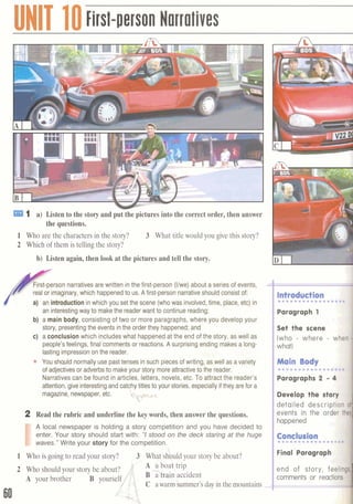 UNIT 10~irsl-oersonNorrolives
(;P 1 a) Listen to the story and put the picturesinto the correctorder, then answer
the questions.
1 Who are the characters in the story? 3 What title would you give this story?
2 Which of them is telling the story?
b) Listen again, then look at the pictures and tell the story.
. . I
erson narrativesare written in the first-person (Ilwe) about a series of events,
imaginary,which happenedto us. A first-personnarrativeshould consist of:
/ +l, a) an introductionin which you set the scene (who was involved,time, place, etc) in
an interestingway to makethe readerwant to continue reading;
, b) a main body, consisting of two or more paragraphs,where you develop your
,. story, presentingthe events inthe order they happened;and
c) a conclusion which includeswhat happened at the end of the story, as well as
people's feelings, final commentsor reactions.A surprisingending makes a long-
lasting impressionon the reader.
You should normallyusepasttenses in such piecesof writing, as well as a variety '
of adjectives or adverbsto makeyour story moreattractiveto the reader.
Narratives can befound in articles, letters, novels, etc. To attract the reader's
attention, give interestingand catchy titlesto your stories, especially if they are for a
magazine, newspaper,etc. i,,-
2 Read the rubric and underlinethe keywords, then answer the questions.
I
A local newspaper is holding a story competition and you have decided to
enter. Your story should start with: "Istood on the deck staring at the huge
waves." Write your story for the competition.
1 Who is going to read your story? 3 What shquld your story be about?
2 Who should your story be about? ,,4 A a boat trip
A your brother B yourself i/ B h a i n accident
1, C a warm summer's day in the mountains
IParagraph 1
Set the scene '
[who - where -
1~~u.L..*r......
Paragraphs 2 -
Develop Phe sk
detailed descril
events in the or
happened t ;
Ifinal Paragraph
end of story, f
comments or rea
 