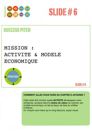 SLIDE # 6
SUCCESS PITCH




SUCCESS PITCH


  MISSION :
  ACTIVITE & MODELE
  ECONOMIQUE



                                                                    SLIDE # 6

                COMMENT ALLEZ VOUS FAIRE DU CHIFFRE D AFFAIRES ?

                Cette slide doit montrer quelle ACTIVITE développera votre
                entreprise, sa place dans la chaine de valeur du marché, son
                modèle économique, en fait sa façon de faire du chiffres
                d’affaires.
                Un croquis vaut mieux qu’un long discours, soyez visuel.




                                                                               26
 
