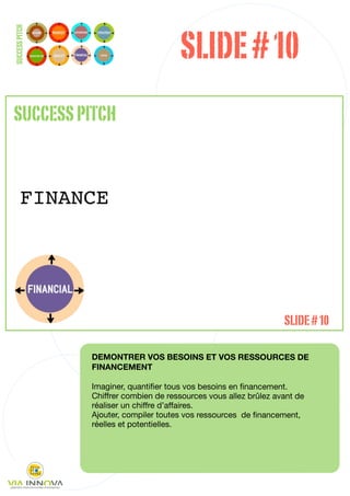 SLIDE # 10
SUCCESS PITCH




SUCCESS PITCH


       FINANCE




                                                                   SLIDE # 10

                DEMONTRER VOS BESOINS ET VOS RESSOURCES DE
                FINANCEMENT

                Imaginer, quantiﬁer tous vos besoins en ﬁnancement.
                Chiffrer combien de ressources vous allez brûlez avant de
                réaliser un chiffre d’affaires.
                Ajouter, compiler toutes vos ressources de ﬁnancement,
                réelles et potentielles.




                                                                            30
 