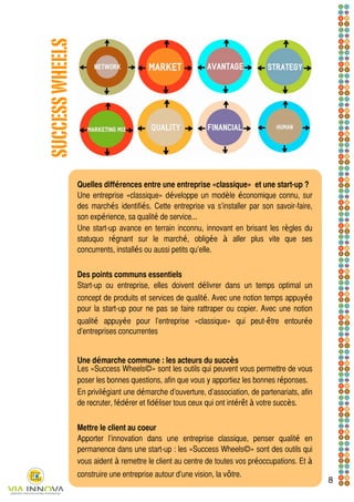 SUCCESS WHEELS




                 Quelles différences entre une entreprise «classique» et une start-up ?
                 Une entreprise «classique» développe un modèle économique connu, sur
                 des marchés identifiés. Cette entreprise va s’installer par son savoir-faire,
                 son expérience, sa qualité de service...
                 Une start-up avance en terrain inconnu, innovant en brisant les règles du
                 statuquo régnant sur le marché, obligée à aller plus vite que ses
                 concurrents, installés ou aussi petits qu’elle.


                 Des points communs essentiels
                 Start-up ou entreprise, elles doivent délivrer dans un temps optimal un
                 concept de produits et services de qualité. Avec une notion temps appuyée
                 pour la start-up pour ne pas se faire rattraper ou copier. Avec une notion
                 qualité appuyée pour l’entreprise «classique» qui peut-être entourée
                 d’entreprises concurrentes


                 Une démarche commune : les acteurs du succès
                 Les «Success Wheels©» sont les outils qui peuvent vous permettre de vous
                 poser les bonnes questions, afin que vous y apportiez les bonnes réponses.
                 En privilégiant une démarche d’ouverture, d’association, de partenariats, afin
                 de recruter, fédérer et fidéliser tous ceux qui ont intérêt à votre succès.


                 Mettre le client au coeur
                 Apporter l’innovation dans une entreprise classique, penser qualité en
                 permanence dans une start-up : les «Success Wheels©» sont des outils qui
                 vous aident à remettre le client au centre de toutes vos préoccupations. Et à
                 construire une entreprise autour d’une vision, la vôtre.
                                                                                                  8
 