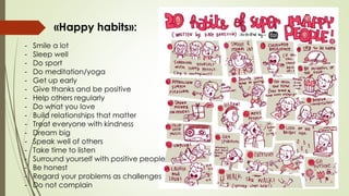 «Happy habits»:
- Smile a lot
- Sleep well
- Do sport
- Do meditation/yoga
- Get up early
- Give thanks and be positive
- Help others regularly
- Do what you love
- Build relationships that matter
- Treat everyone with kindness
- Dream big
- Speak well of others
- Take time to listen
- Surround yourself with positive people
- Be honest
- Regard your problems as challenges
- Do not complain
 