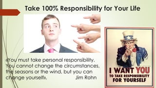 Take 100% Responsibility for Your Life
«You must take personal responsibility.
You cannot change the circumstances,
the seasons or the wind, but you can
change yourself». Jim Rohn
 