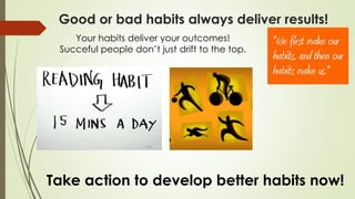 Good or bad habits always deliver results!
Your habits deliver your outcomes!
Succeful people don’t just drift to the top.
Take action to develop better habits now!
 