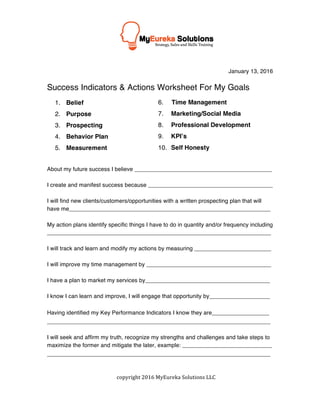 January 13, 2016
	
Success Indicators & Actions Worksheet For My Goals
About my future success I believe ___________________________________________
I create and manifest success because _______________________________________
I will find new clients/customers/opportunities with a written prospecting plan that will
have me_______________________________________________________________
My action plans identify specific things I have to do in quantity and/or frequency including
______________________________________________________________________
I will track and learn and modify my actions by measuring ________________________
I will improve my time management by _______________________________________
I have a plan to market my services by_______________________________________
I know I can learn and improve, I will engage that opportunity by___________________
Having identified my Key Performance Indicators I know they are_________________
________________________________________________________________
I will seek and affirm my truth, recognize my strengths and challenges and take steps to
maximize the former and mitigate the later, example: ____________________________
________________________________________________________________
	
	
copyright	2016	MyEureka	Solutions	LLC	 	
1. Belief
2. Purpose
3. Prospecting
4. Behavior Plan
5. Measurement
	
6. Time Management
7. Marketing/Social Media
8. Professional Development
9. KPI’s
10. Self Honesty
	
 