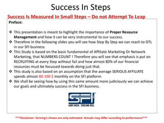 Success In Steps
Success Is Measured In Small Steps – Do not Attempt To Leap
***Disclaimer: Earning’s shown are only estimated. Actuals may differ according to performance***
Preface:
 This presentation is meant to highlight the importance of Proper Resource
Management and how it can be very instrumental to our success.
 Therefore in the following slides you will see how Step By Step we can reach to DTL
in our SFI business.
 This Study is based on the basic fundamental of Affiliate Marketing Or Network
Marketing, that NUMBERS COUNT ! Therefore you will see that emphasis is put on
RECRUITING at every Step without fail and how almost 80% of our financial
resources must be focussed towards doing just that.
 This study is also based on an assumption that the average SERIOUS AFFILIATE
spends almost 80-100 $ monthly on the SFI platform.
 We shall be seeing how by using this same amount more judiciously we can achieve
our goals and ultimately success in the SFI business.
 