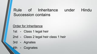 Rule of Inheritance under Hindu
Succession contains
Order for Inheritance
1st - Class 1 legal heir
2nd - Class 2 legal heir class 1 heir
3rd - Agnates
4th - Cognates
 