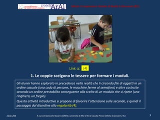 1. Le coppie scelgono le tessere per formare i moduli. Gli alunni hanno esplorato in precedenza nella realtà che li circonda file di oggetti in un ordine casuale (una coda di persone, le macchine ferme al semaforo) e altre costruite secondo un ordine prestabilito conseguente alla scelta di un modulo che si ripete (una ringhiera, un fregio). Questa attività introduttiva si propone di favorire l’attenzione sulle seconde, e quindi il passaggio dal disordine alla  regolarità (4) . 22/11/09 A cura di Giancarlo Navarra (GREM, università di MO e RE) e Claudia Pirozzi (Motta S.Giovanni, RC) Istituto Comprensivo Statale di Motta S.Giovanni (RC) (4) Link a: 