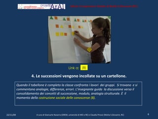4. Le successioni vengono incollate su un cartellone. Quando il tabellone è completo la classe confronta i lavori  dei gruppi.  Si trovano  e si commentano analogie, differenze, errori. L’insegnante guida  la discussione verso il consolidamento dei concetti di successione, modulo, analogia strutturale. È  il momento della  costruzione sociale delle conoscenze (8) . 22/11/09 A cura di Giancarlo Navarra (GREM, università di MO e RE) e Claudia Pirozzi (Motta S.Giovanni, RC) Istituto Comprensivo Statale di Motta S.Giovanni (RC) (8) Link a: 