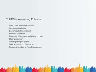 CLUES in Assessing Potential
Solid Track Record of Success
High Learning Agility
Demonstrate Commitment
Manifest Aspiration
Exemplify Willingness and Ability to Lead
Elicit “presence”
With high Degree of EQ
Seek and Open to Feedback
Curious and Adapt to New Experiences
 