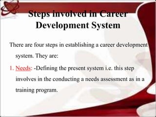 Steps involved in Career
          Development System
There are four steps in establishing a career development
  system. They are:

1. Needs: -Defining the present system i.e. this step
  involves in the conducting a needs assessment as in a
  training program.
 