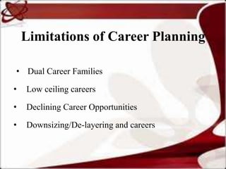 Limitations of Career Planning

• Dual Career Families

•   Low ceiling careers

•   Declining Career Opportunities

•   Downsizing/De-layering and careers
 